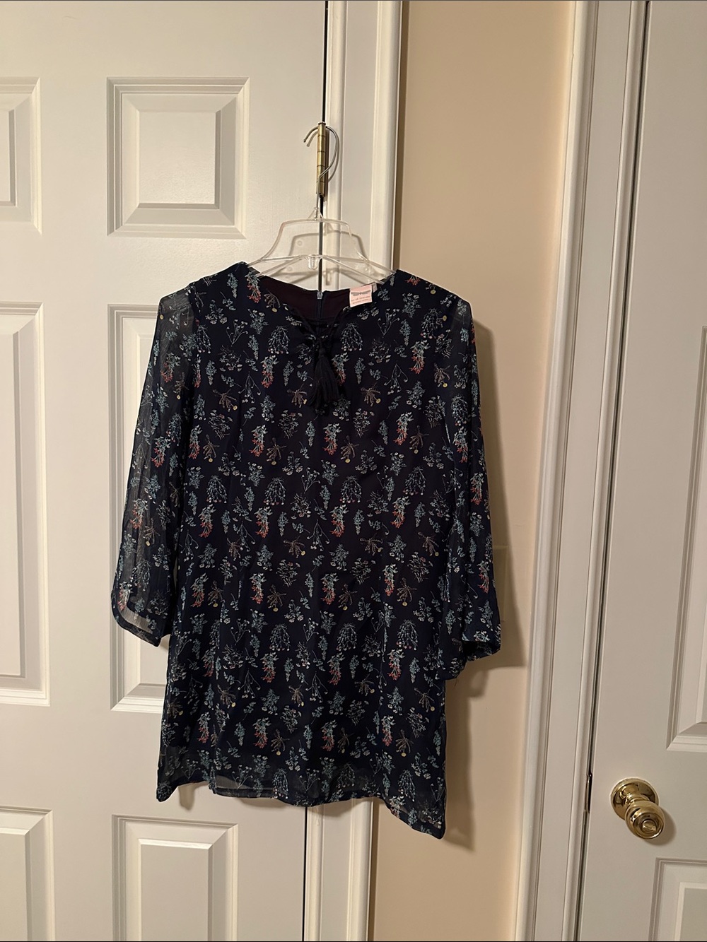 Floral Tie-Neck Chiffon Blouse - Navy